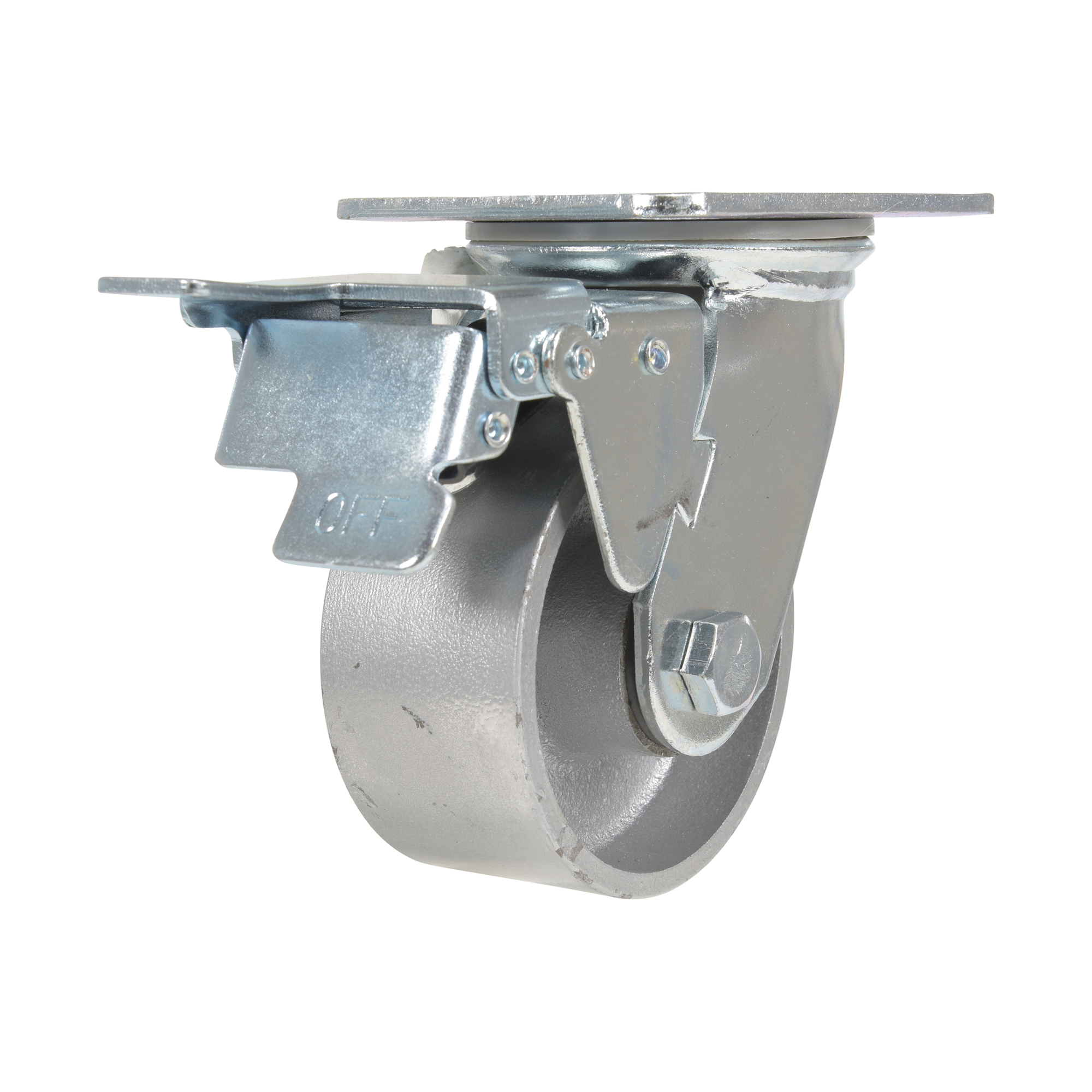 Vestil Cast Iron Swivel Caster with Total Brake - 4in. Wheel Diameter, Steel Roller Bearing, Gray, Model# CST-VE-4X2CI-SWTB